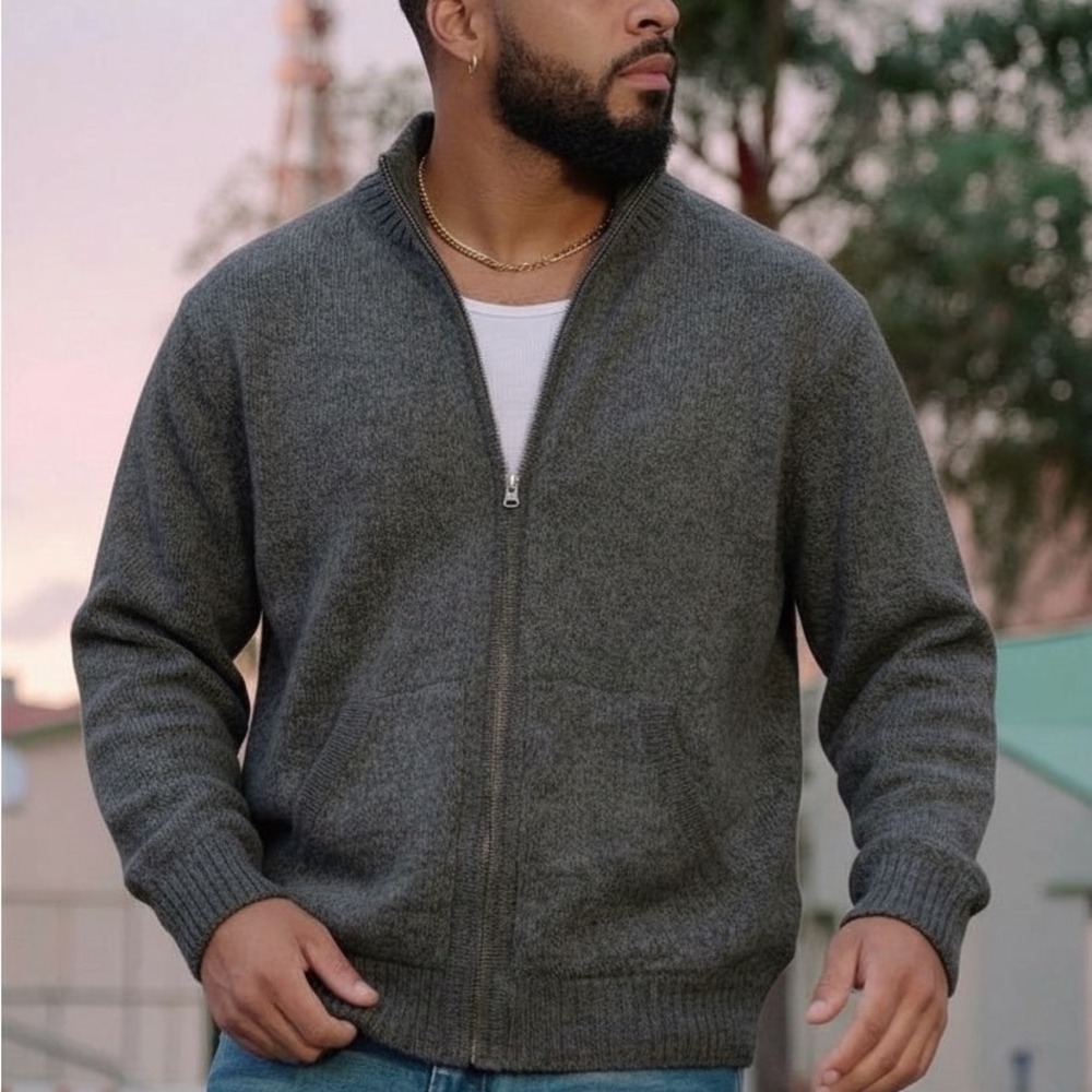 Peruvian Soul Baby Alpaca Cardigan Sweater Men XL‎ Full Zip Mock Neck Charcoal